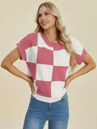 Double Take Full Size Checkered Round Neck Short Sleeve Sweater - Update AvenueTrendsi100100929291354100100929291354cfed5484 - 7afa - 4144 - b505 - 32cfd58316e2 - MaxDusty Pink
