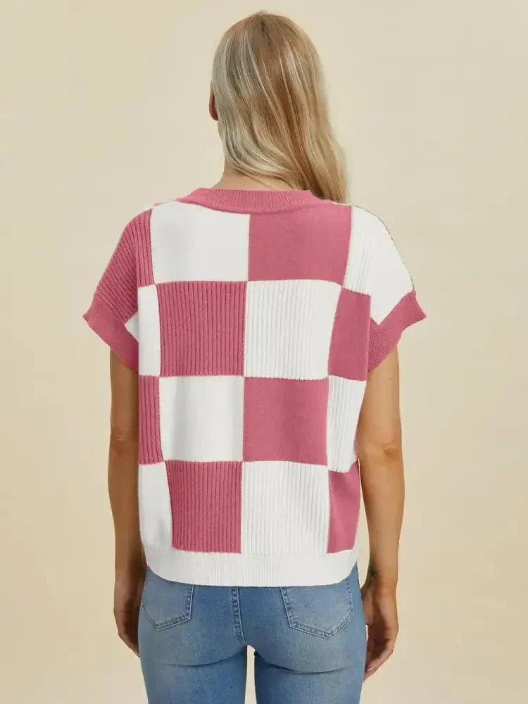 Double Take Full Size Checkered Round Neck Short Sleeve Sweater - Update AvenueTrendsi10010092929135410010092929135459bdf060 - 1cd7 - 4e2a - 822c - ce7f6610c6f7 - MaxDusty Pink
