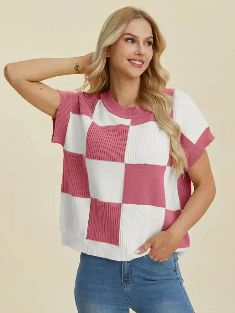 Double Take Full Size Checkered Round Neck Short Sleeve Sweater - Update AvenueTrendsi100100929291354100100929291354e509cf24 - 3183 - 4199 - b649 - ea9adb516e34 - MaxDusty Pink