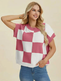 Double Take Full Size Checkered Round Neck Short Sleeve Sweater - Update AvenueTrendsi100100929291354100100929291354e509cf24 - 3183 - 4199 - b649 - ea9adb516e34 - MaxDusty Pink