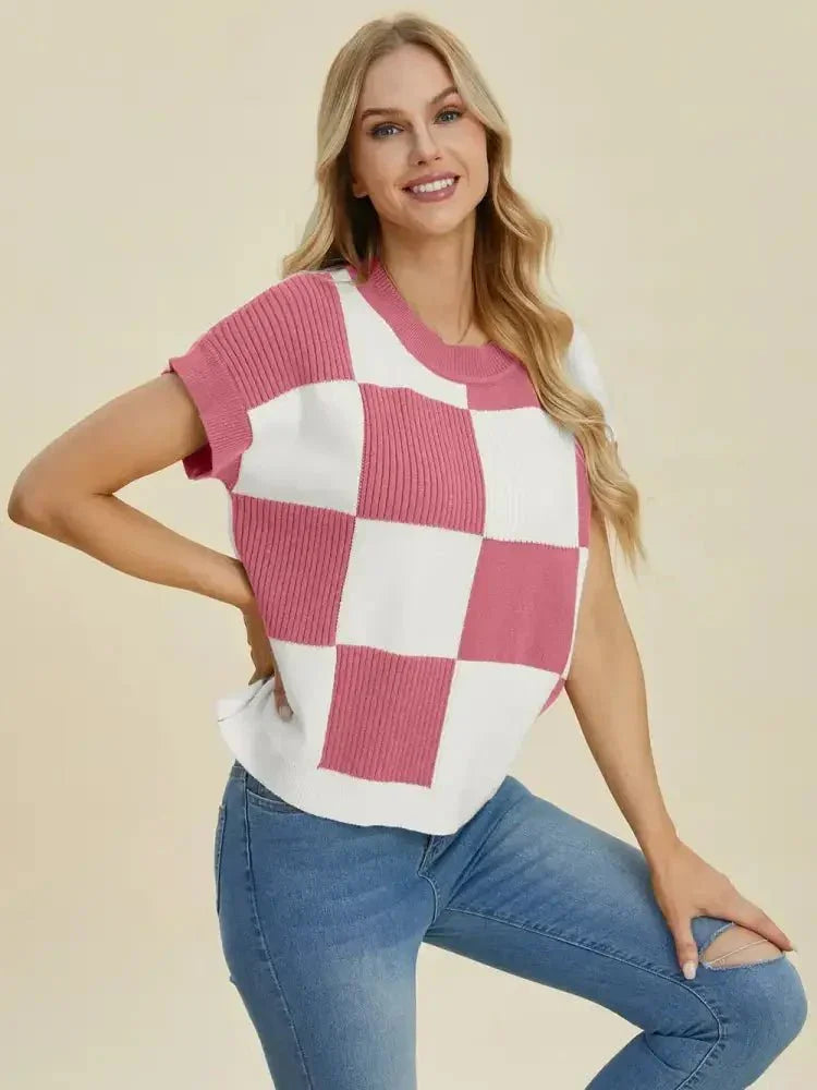 Double Take Full Size Checkered Round Neck Short Sleeve Sweater - Update AvenueTrendsi10010092929135410010092929135464f9781c - 868d - 42a7 - 9e51 - 281b823f32d9 - MaxDusty Pink