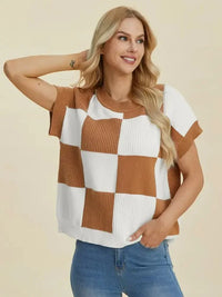 Double Take Full Size Checkered Round Neck Short Sleeve Sweater - Update AvenueTrendsi10010092929193410010092929193423b40a8d - 4666 - 4aa2 - b8ba - a033ac148ffd - MaxCamel