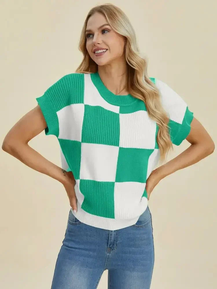 Double Take Full Size Checkered Round Neck Short Sleeve Sweater - Update AvenueTrendsi100100929297506100100929297506b9e9c591 - adcc - 4f36 - 88e0 - d2c25374f53d - MaxTurquoise