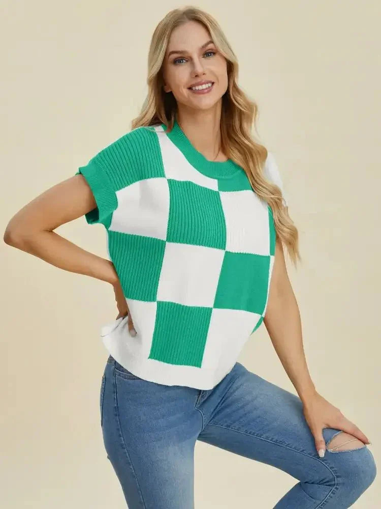 Double Take Full Size Checkered Round Neck Short Sleeve Sweater - Update AvenueTrendsi10010092929750610010092929750689f0d767 - 5597 - 49c8 - b668 - f35f5d540651 - MaxTurquoise