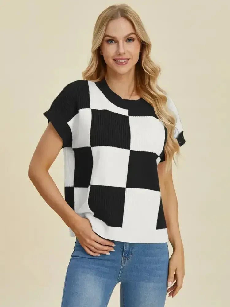 Double Take Full Size Checkered Round Neck Short Sleeve Sweater - Update AvenueTrendsi1001009292975061001009292975065a2ff002 - 8a6d - 4f2f - 959a - 3955721ece38 - MaxTurquoise