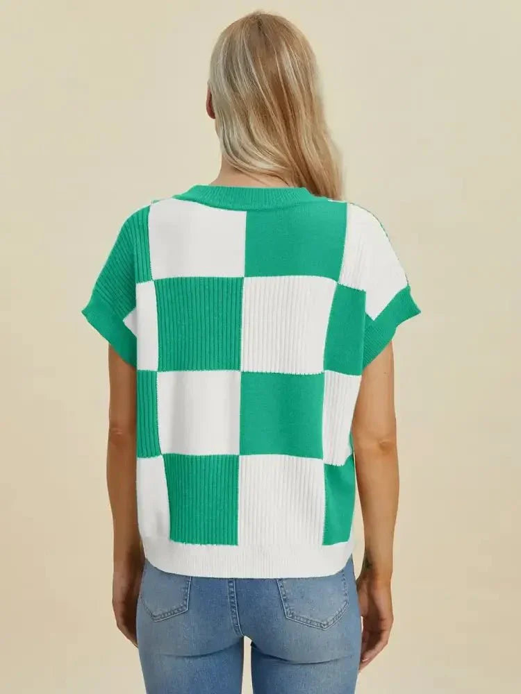 Double Take Full Size Checkered Round Neck Short Sleeve Sweater - Update AvenueTrendsi100100929297506100100929297506b271e811 - 3e22 - 4615 - be23 - e97103204636 - MaxTurquoise