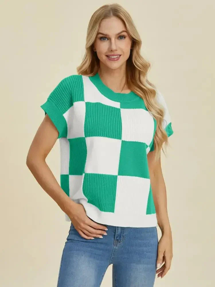 Double Take Full Size Checkered Round Neck Short Sleeve Sweater - Update AvenueTrendsi1001009292975061001009292975068ccf2bc8 - 82b2 - 4842 - a238 - ac1619467123 - MaxTurquoise