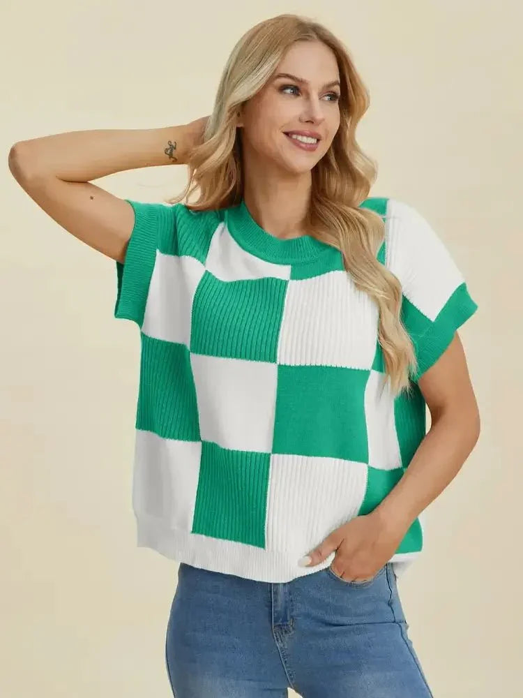 Double Take Full Size Checkered Round Neck Short Sleeve Sweater - Update AvenueTrendsi1001009292975061001009292975062017a4be - 854d - 4f7f - 81ad - 3972d626caf4 - MaxTurquoise