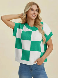 Double Take Full Size Checkered Round Neck Short Sleeve Sweater - Update AvenueTrendsi1001009292975061001009292975062017a4be - 854d - 4f7f - 81ad - 3972d626caf4 - MaxTurquoise