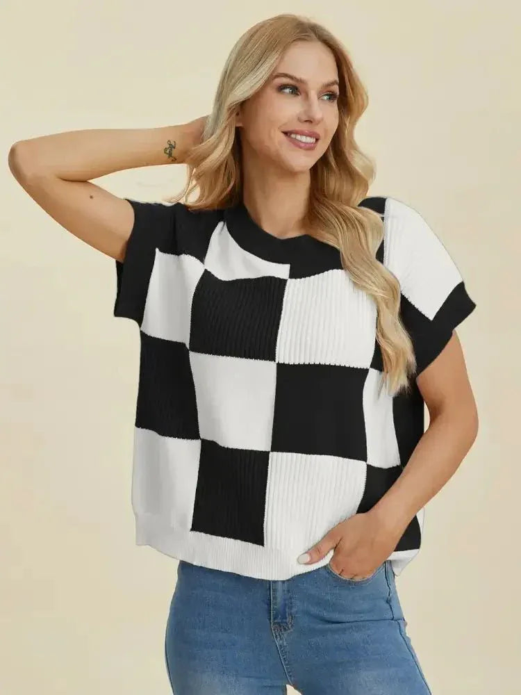 Double Take Full Size Checkered Round Neck Short Sleeve Sweater - Update AvenueTrendsi1001009292975061001009292975060e849900 - 3821 - 4883 - a4df - b1d0102ceabc - MaxTurquoise