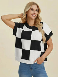 Double Take Full Size Checkered Round Neck Short Sleeve Sweater - Update AvenueTrendsi1001009292975061001009292975060e849900 - 3821 - 4883 - a4df - b1d0102ceabc - MaxTurquoise