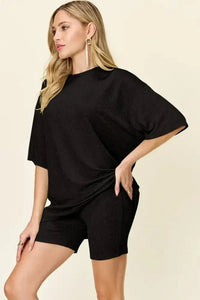 Double Take Full Size Texture Round Neck Drop Shoulder T-Shirt and Shorts Set - Update AvenueDaily EssentialsTrendsi1001006738110771001006738110779372a1a5 - 13c2 - 4824 - bcf6 - ee92f5274481 - MaxBlack