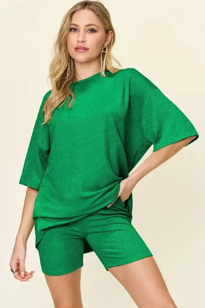 Double Take Full Size Texture Round Neck Drop Shoulder T-Shirt and Shorts Set - Update AvenueDaily EssentialsTrendsi10010067381317810010067381317881dea32b - 9212 - 4975 - 8ab9 - 7bf3c17c4730 - MaxMid Green