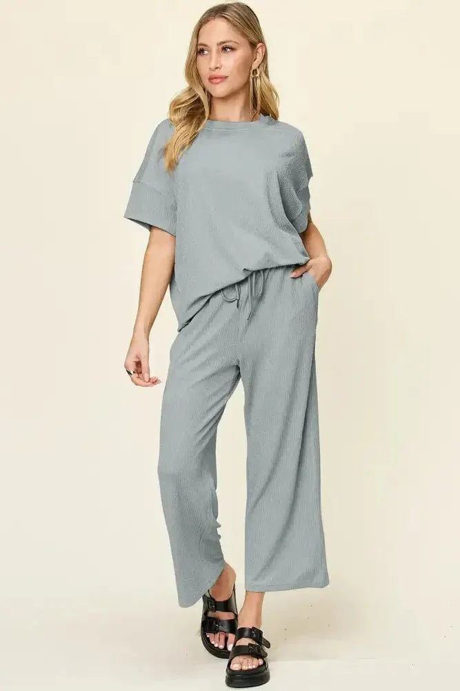 Double Take Full Size Texture Round Neck Short Sleeve T-Shirt and Wide Leg Pants - Update AvenueVacation StyleTrendsi100100918001387100100918001387a43de3c4 - a6ca - 496a - 8fae - 1f466d139666 - MaxCloudy Blue