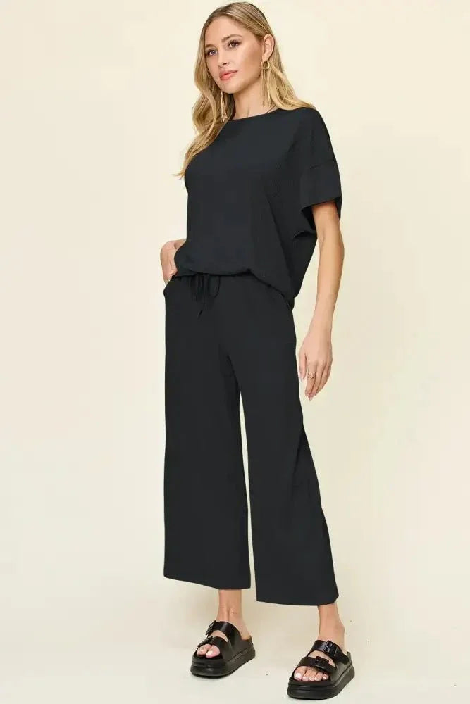 Double Take Full Size Texture Round Neck Short Sleeve T-Shirt and Wide Leg Pants - Update AvenueVacation StyleTrendsi10010091800181910010091800181918b5ebe8 - dfb3 - 4b34 - 85d4 - 0c75bbedbbe7 - MaxBlack
