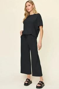 Double Take Full Size Texture Round Neck Short Sleeve T-Shirt and Wide Leg Pants - Update AvenueVacation StyleTrendsi10010091800181910010091800181918b5ebe8 - dfb3 - 4b34 - 85d4 - 0c75bbedbbe7 - MaxBlack
