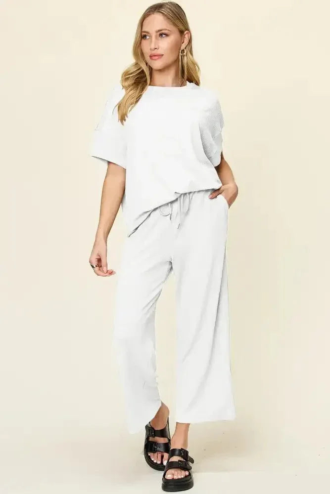 Double Take Full Size Texture Round Neck Short Sleeve T-Shirt and Wide Leg Pants - Update AvenueVacation StyleTrendsi100100918001919100100918001919addc680b - 00d2 - 4222 - b157 - 84f5f8d56b2e - MaxWhite
