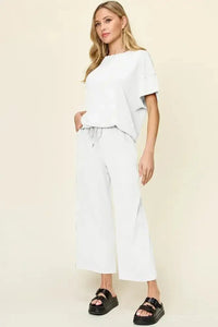 Double Take Full Size Texture Round Neck Short Sleeve T-Shirt and Wide Leg Pants - Update AvenueVacation StyleTrendsi100100918001919100100918001919783eef78 - 094e - 4480 - a038 - 452ccc7c1e39 - MaxWhite