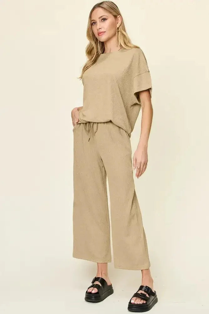 Double Take Full Size Texture Round Neck Short Sleeve T-Shirt and Wide Leg Pants - Update AvenueVacation StyleTrendsi100100918002545100100918002545ecf747a8 - b65e - 4252 - bd67 - 2ff8658ce923 - MaxKhaki