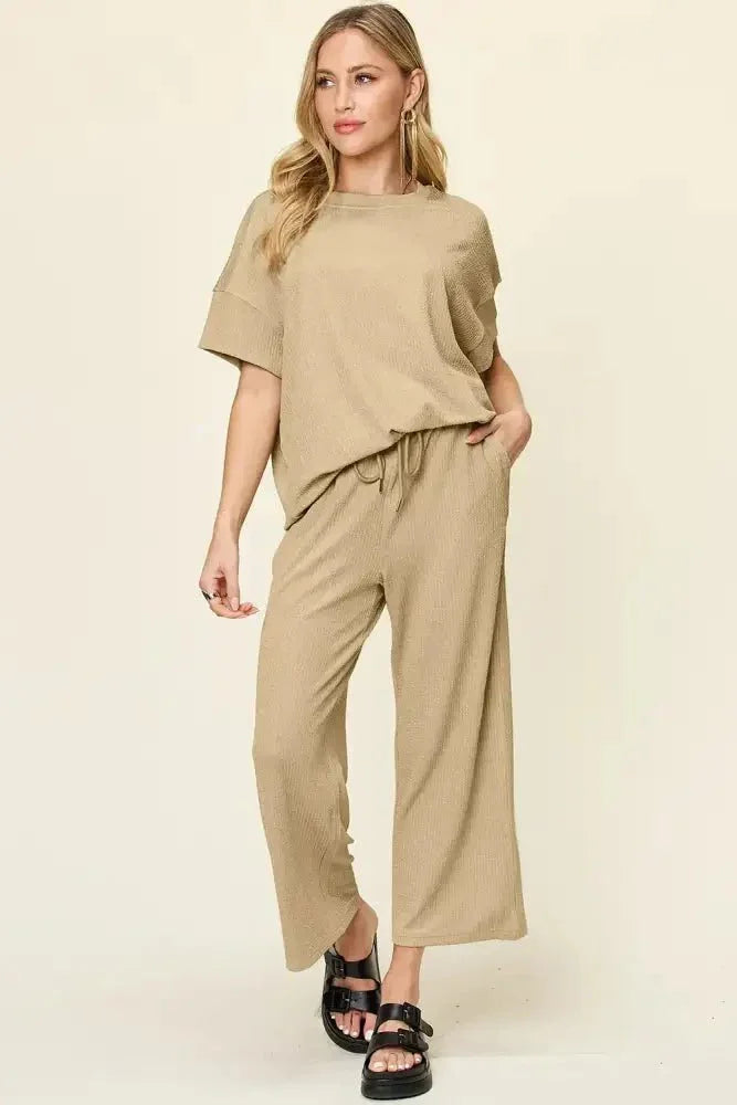 Double Take Full Size Texture Round Neck Short Sleeve T-Shirt and Wide Leg Pants - Update AvenueVacation StyleTrendsi1001009180025451001009180025454cec772b - 1c33 - 4a67 - a05d - b0f77e7f3c73 - MaxKhaki