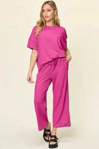 Double Take Full Size Texture Round Neck Short Sleeve T-Shirt and Wide Leg Pants - Update AvenueVacation StyleTrendsi100100918003150100100918003150fe3970cb - d1e1 - 4a30 - 8dd9 - 6dbe1f07c454 - MaxHot Pink