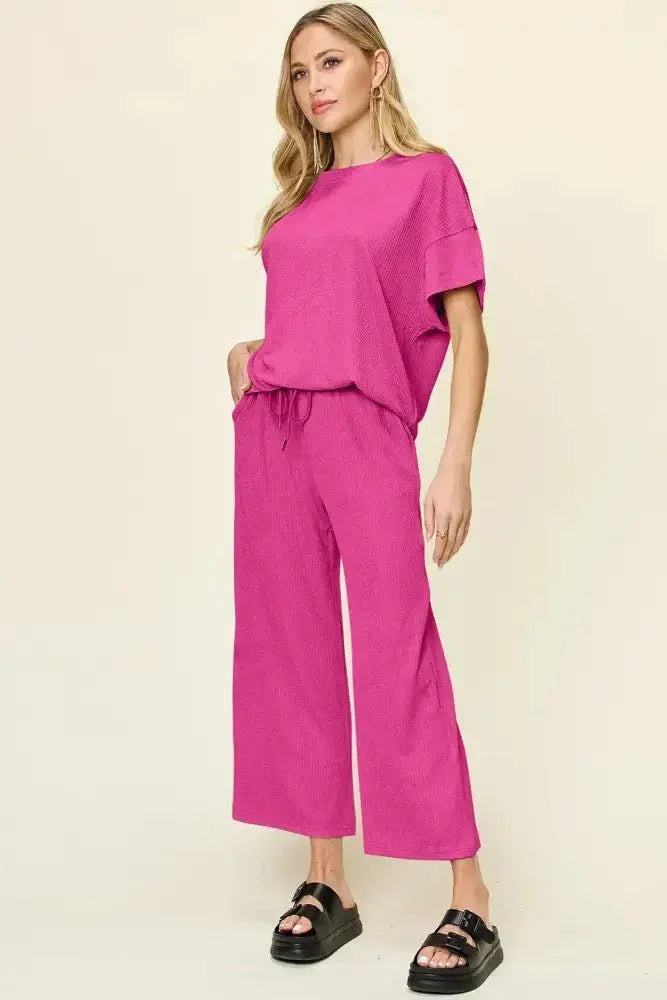 Double Take Full Size Texture Round Neck Short Sleeve T-Shirt and Wide Leg Pants - Update AvenueVacation StyleTrendsi100100918003150100100918003150e241954d - 5be9 - 4bbe - 8f6e - c2537e1757e3 - MaxHot Pink