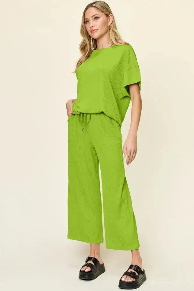 Double Take Full Size Texture Round Neck Short Sleeve T-Shirt and Wide Leg Pants - Update AvenueVacation StyleTrendsi10010091800373310010091800373376f2134e - 08e1 - 48c1 - b940 - 14a456de4369 - MaxLime