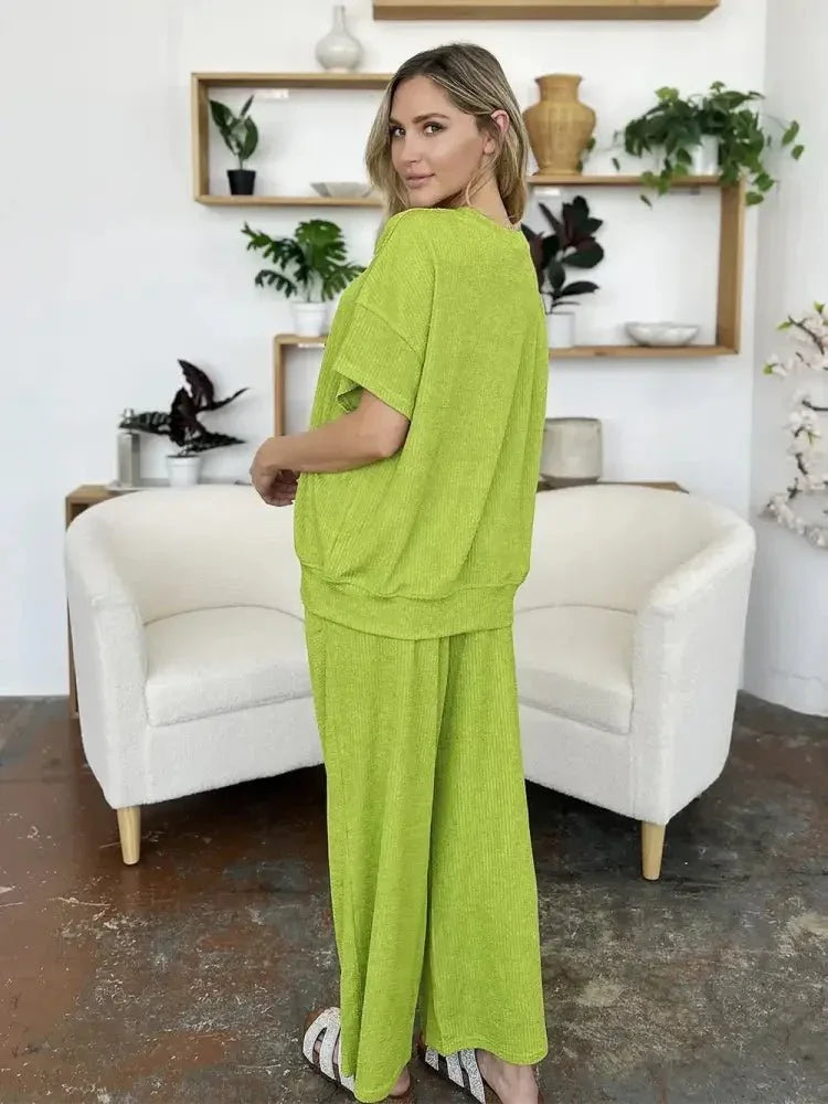 Double Take Full Size Texture Round Neck Short Sleeve T-Shirt and Wide Leg Pants - Update AvenueVacation StyleTrendsi100100918003733100100918003733d0c4fe17 - 2e8f - 4fdf - 8951 - af4cd4f7dbb7 - MaxLime