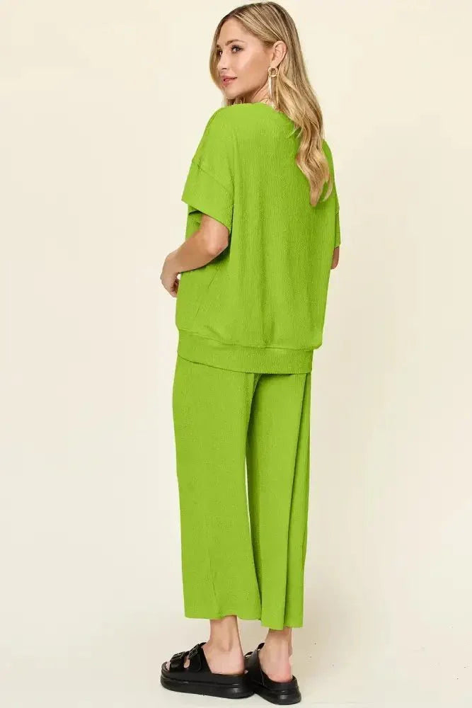 Double Take Full Size Texture Round Neck Short Sleeve T-Shirt and Wide Leg Pants - Update AvenueVacation StyleTrendsi100100918003733100100918003733c19fb917 - bc9e - 42e4 - 9ec2 - 2cd80d703254 - MaxLime