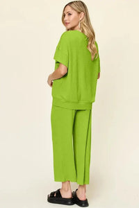 Double Take Full Size Texture Round Neck Short Sleeve T-Shirt and Wide Leg Pants - Update AvenueVacation StyleTrendsi100100918003733100100918003733c19fb917 - bc9e - 42e4 - 9ec2 - 2cd80d703254 - MaxLime