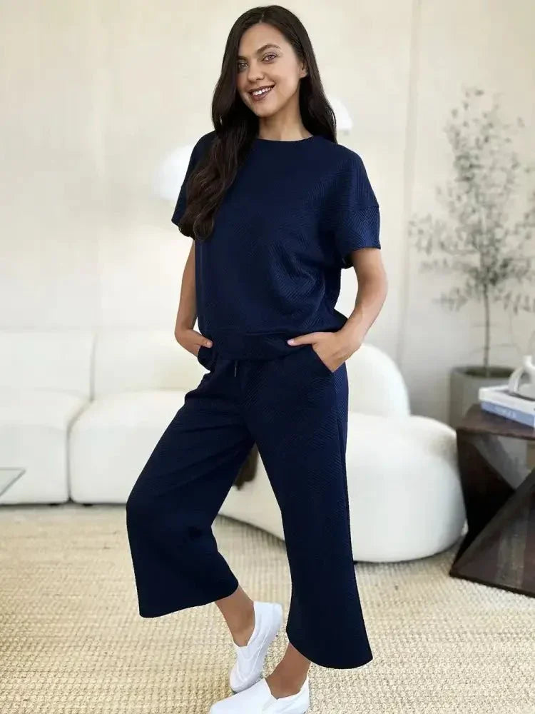 Double Take Full Size Texture Short Sleeve Top and Pants Set - Update AvenueVacation StyleTrendsi100102439211078100102439211078a80ea294 - 4615 - 49a6 - 85c1 - 421ea4681898 - MaxNavy
