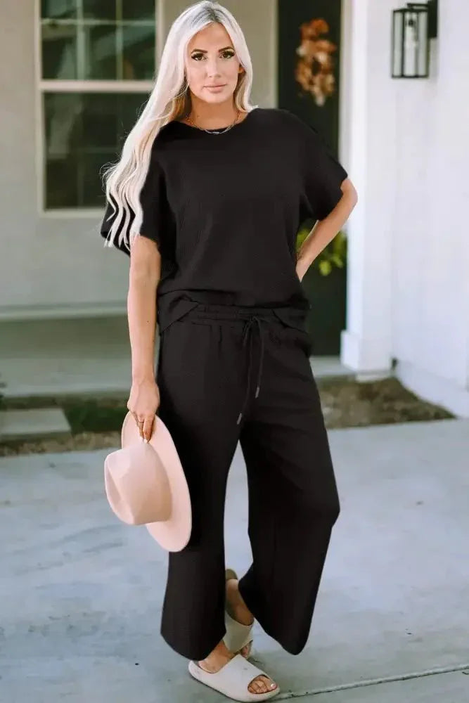 Double Take Full Size Texture Short Sleeve Top and Pants Set - Update AvenueVacation StyleTrendsi100102439214918100102439214918c8d1a3f1847043f5b32319433be7c7b6 - MaxBlack