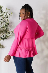 Double Take Half Button Long Sleeve Ruffle Hem Blouse - Update AvenueTrendsi1001012458801591001012458801598b1e193e0621471eb85a61279ed08ad8 - MaxHot Pink