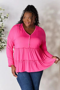 Double Take Half Button Long Sleeve Ruffle Hem Blouse - Update AvenueTrendsi1001012458801591001012458801597a2d9f4d07a649b39dd9696a4b556f47 - MaxHot Pink