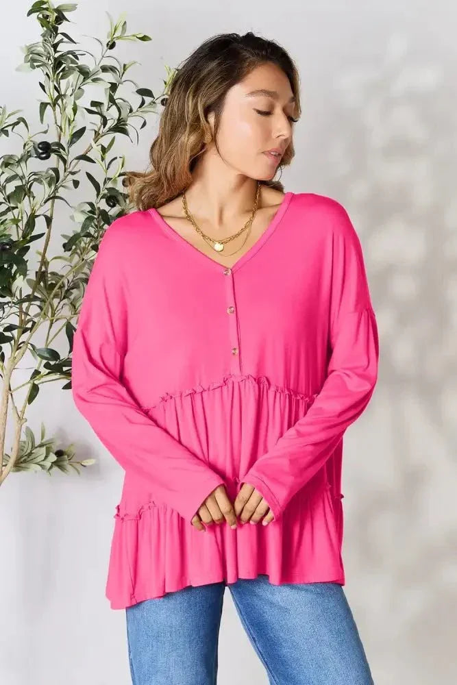 Double Take Half Button Long Sleeve Ruffle Hem Blouse - Update AvenueTrendsi100101245880159100101245880159bd222ea98b4845fd990b98be7a44f926 - MaxHot Pink