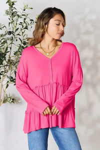 Double Take Half Button Long Sleeve Ruffle Hem Blouse - Update AvenueTrendsi100101245880159100101245880159bd222ea98b4845fd990b98be7a44f926 - MaxHot Pink