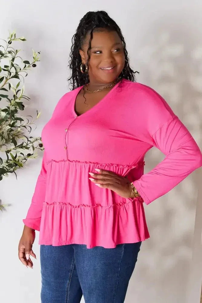 Double Take Half Button Long Sleeve Ruffle Hem Blouse - Update AvenueTrendsi100101245880159100101245880159fad87d94c863434b99eda1897fa5850d - MaxHot Pink
