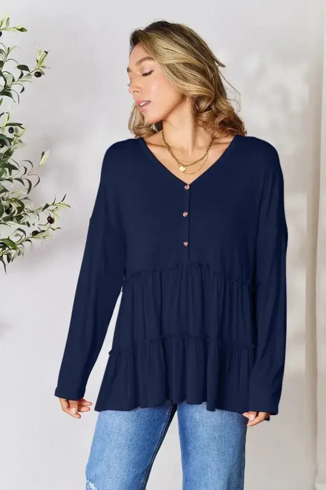 Double Take Half Button Long Sleeve Ruffle Hem Blouse - Update AvenueTrendsi100101245882142100101245882142d4213ff4e5a84d3994df4e85e2f6ca6d - MaxDark Blue