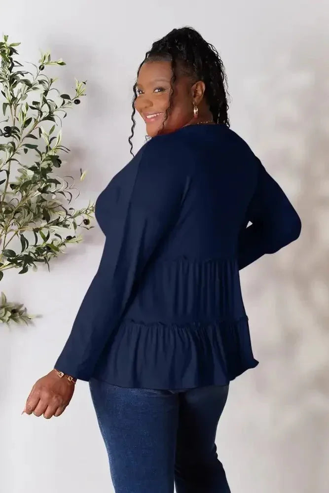Double Take Half Button Long Sleeve Ruffle Hem Blouse - Update AvenueTrendsi1001012458821421001012458821426c3142ae63ce4268b72845cf001cf4ad - MaxDark Blue