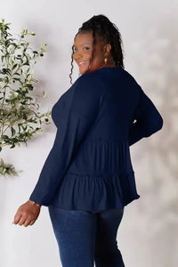 Double Take Half Button Long Sleeve Ruffle Hem Blouse - Update AvenueTrendsi1001012458821421001012458821426c3142ae63ce4268b72845cf001cf4ad - MaxDark Blue