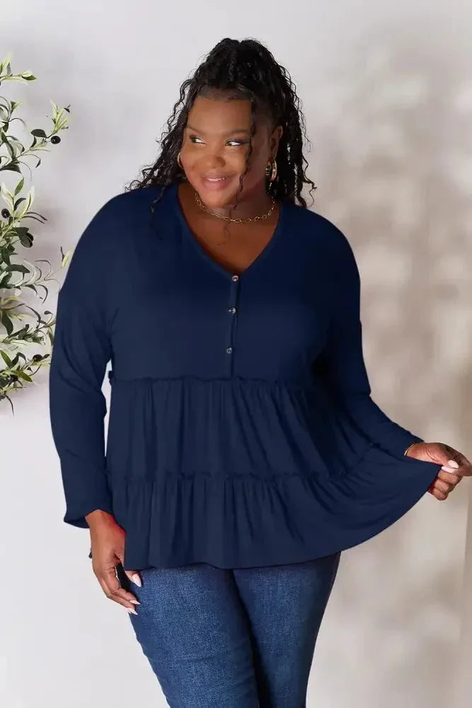 Double Take Half Button Long Sleeve Ruffle Hem Blouse - Update AvenueTrendsi100101245882142100101245882142c582126fa5d246068a250d64a1ee9de8 - MaxDark Blue