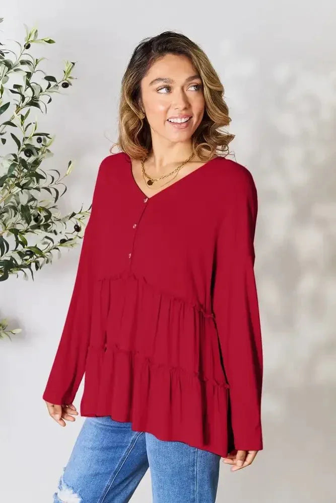 Double Take Half Button Long Sleeve Ruffle Hem Blouse - Update AvenueTrendsi100101245885271100101245885271ce04fd1277f34b39af3ea6d344832aa8 - MaxBurgundy
