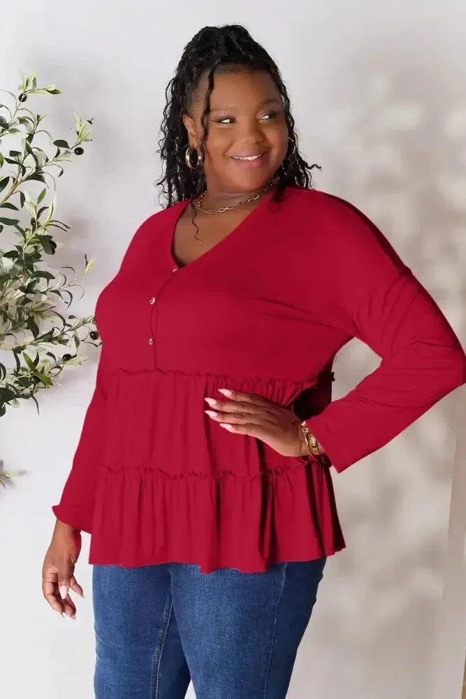 Double Take Half Button Long Sleeve Ruffle Hem Blouse - Update AvenueTrendsi10010124588527110010124588527175126df93c384acdbbb39804995d35f8 - MaxBurgundy