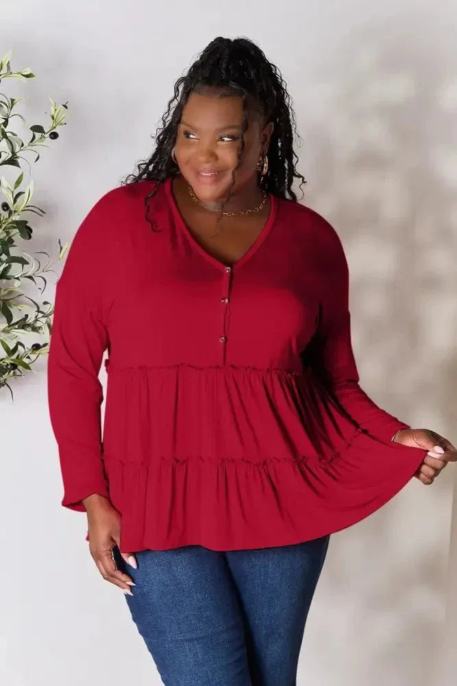 Double Take Half Button Long Sleeve Ruffle Hem Blouse - Update AvenueTrendsi1001012458852711001012458852710932ff69396043118d89922887b09110 - MaxBurgundy
