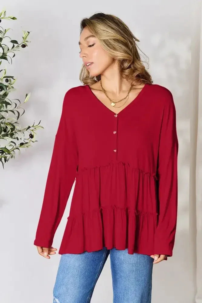 Double Take Half Button Long Sleeve Ruffle Hem Blouse - Update AvenueTrendsi1001012458852711001012458852714c336d06fd784f9c8ddab7360f8b8da6 - MaxBurgundy