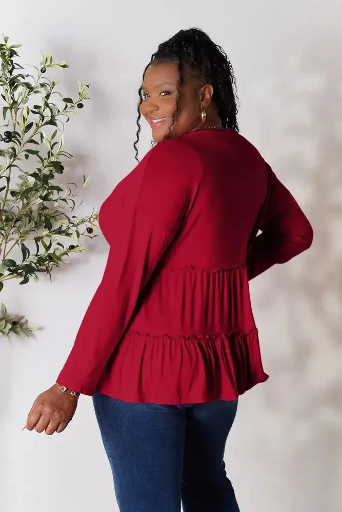Double Take Half Button Long Sleeve Ruffle Hem Blouse - Update AvenueTrendsi100101245885271100101245885271a8ad8878ebd1424288f7bd3e71478642 - MaxBurgundy