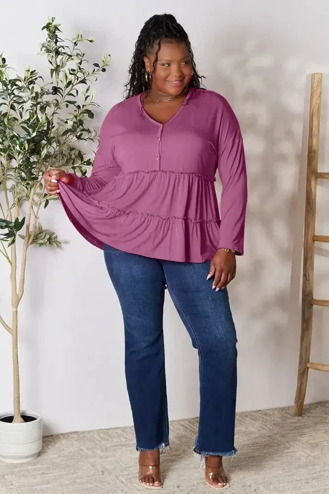Double Take Half Button Long Sleeve Ruffle Hem Blouse - Update AvenueTrendsi1001012458859501001012458859506bf0193fd8264dd08c2b7f7043a9aa7f - MaxLilac