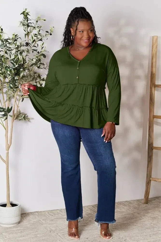 Double Take Half Button Long Sleeve Ruffle Hem Blouse - Update AvenueTrendsi1001012458861661001012458861666341eda64cc24304ba7f8d900cadf8a3 - MaxArmy Green