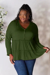 Double Take Half Button Long Sleeve Ruffle Hem Blouse - Update AvenueTrendsi100101245886166100101245886166c305659b04f047e493594db58dc91be9 - MaxArmy Green