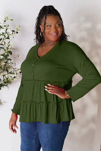 Double Take Half Button Long Sleeve Ruffle Hem Blouse - Update AvenueTrendsi100101245886166100101245886166a63bcafa5df145699995490985418041 - MaxArmy Green